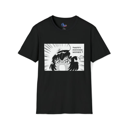 Black cotton t-shirt with manga style original raccoon girl character in black and white