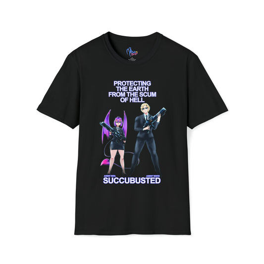 Black cotton t-shirt with anime style original demon girl and officer guy characters in colors, featuring Men in Black movie hit