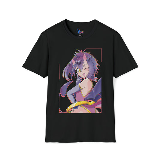 Black cotton t-shirt with manga style original demon girl character in 90´s anime color style