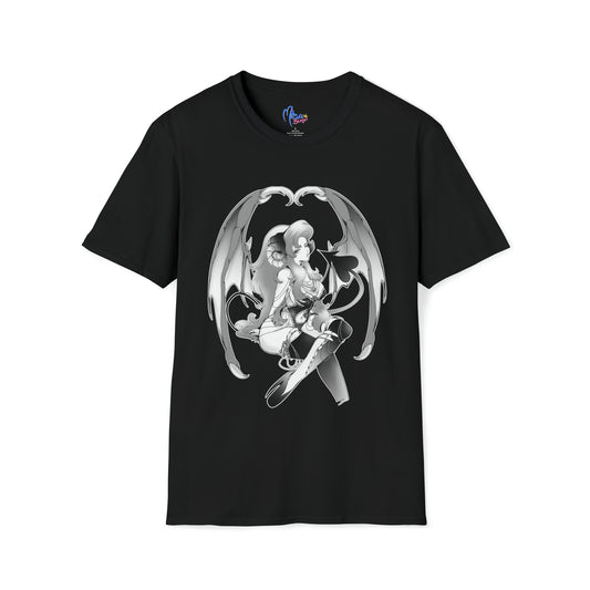 Black cotton t-shirt with manga style original demon queen character in black and white